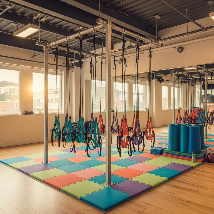 Small colourful harnesses set up low for a youth class